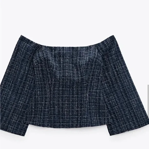 Zara Blue Tweed Textured Off the Shoulder Top - Picture 2 of 9